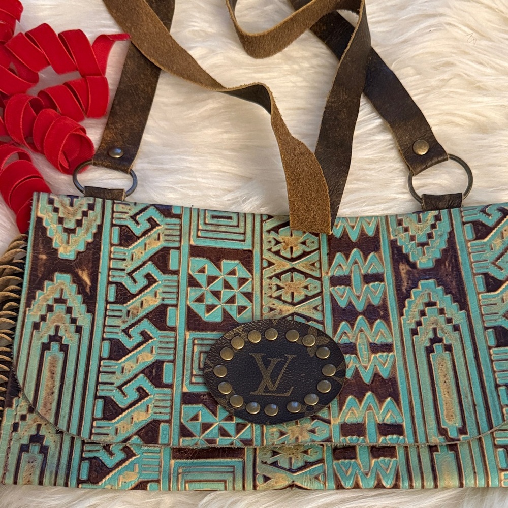 Custom Made Genuine Leather Patterned Brown and Teal Blue Crossbody Bag🔥